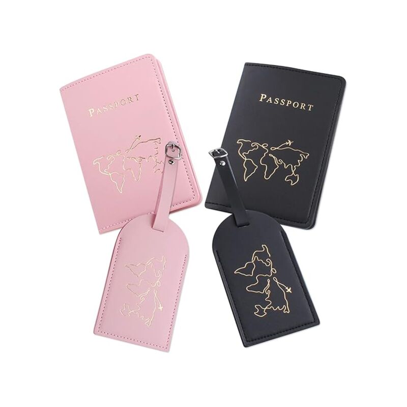 foto del prodotto sollbry confezione da 2 etichette per bagaglio e 2 custodie per passaporto, set di documenti in pelle pu, portapassaporto, etichette per bagaglio,
