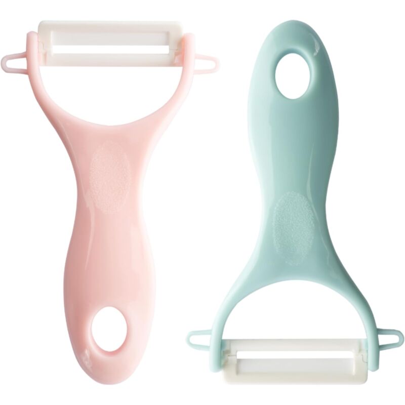 foto del prodotto sollbry confezione da 2 pelapatate in ceramica per verdure e frutta, per la cucina, con lama affilata per carote, arance e mele blu e rosa 