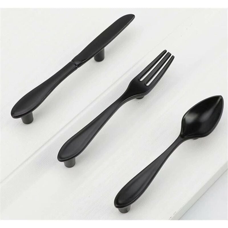 foto del prodotto sollbry confezione da 3 maniglie per porte a forma di coltello, cucchiaio e forchetta, foro centrale, 3 7,6 cm , nero opaco
