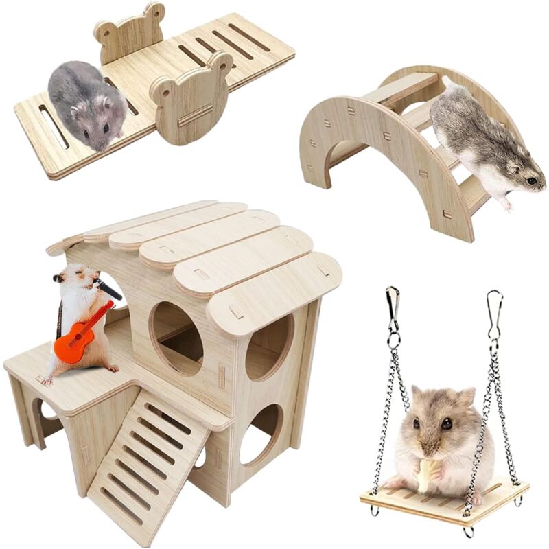 foto del prodotto sollbry confezione da 4 giocattoli in legno per criceti, set da gioco per criceti, inclusa casetta per criceti, ponte girevole, accessori per
