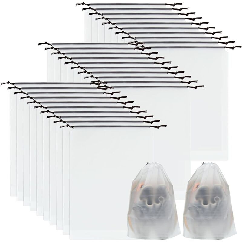 foto del prodotto sollbry confezione da 60 sacchetti per scarpe da viaggio, 40 x 30 cm, trasparenti, con coulisse, copriscarpe per organizzare e riporre le scarpe.