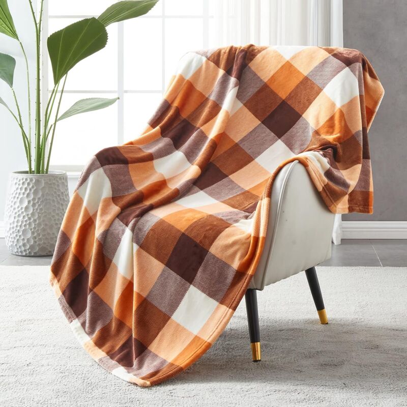 foto del prodotto sollbry coperta in pile, coperta in pile per divano letto, coperta in flanella scozzese per tutte le stagioni, 150 x 200 cm, arancione