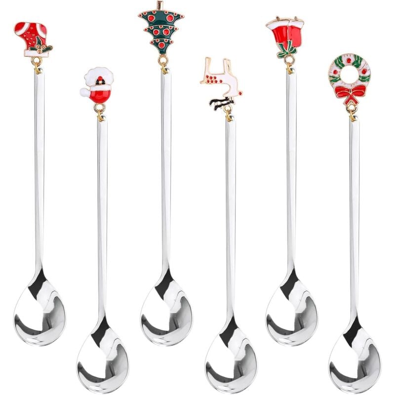 foto del prodotto sollbry - cucchiaini da caffè natalizi, confezione da 6 cucchiai natalizi, cucchiaini da tè in acciaio argentato con ciondoli natalizi, campanellini