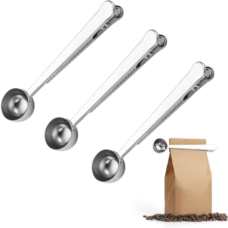 foto del prodotto sollbry cucchiaio dosatore per caff con clip per sacchetto, 3 pezzi cucchiaio dosatore per caff con manico lungo argento 2 in 1 cucchiaio da