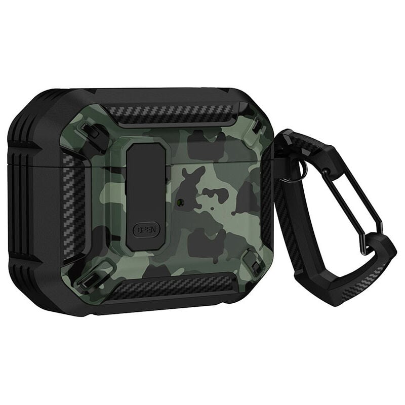 foto del prodotto sollbry custodia compatibile con airpods 2, clip di bloccaggio sicura, custodia protettiva antiurto robusta con portachiavi nero verde mimetico 