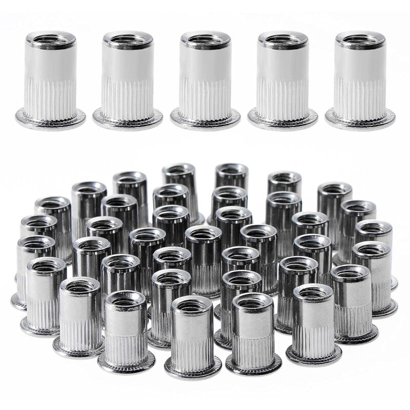 foto del prodotto sollbry dadi per rivetti filettati a testa piatta m6, 100 pezzi, dadi per rivetti filettati in acciaio inossidabile 304, assortimento di inserti