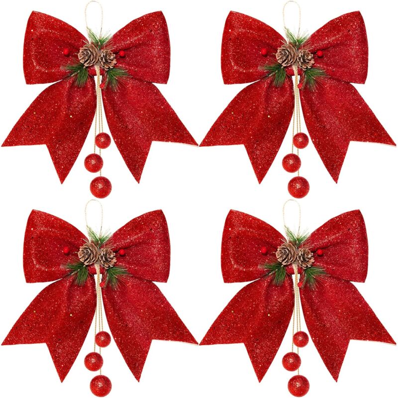 foto del prodotto sollbry fiocchi di natale glitterati, fiocchi per ghirlande rosse, fiocchi per alberi di natale glitterati, fiocchi decorativi natalizi per la