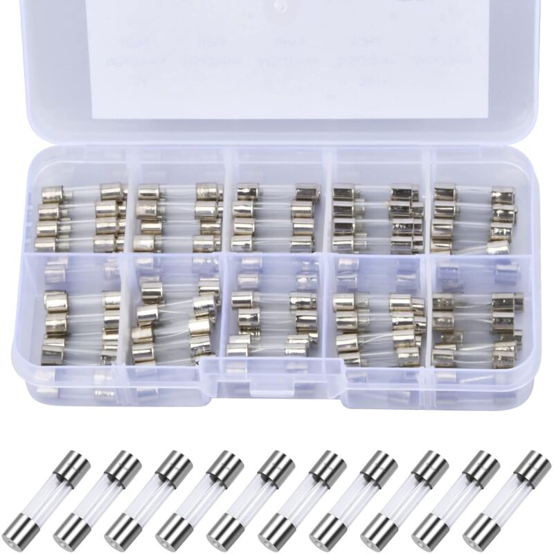 foto del prodotto sollbry fusibili in vetro a rottura rapida da 100 pezzi, assortimento di fusibili in vetro da 5 x 20 mm, 250 v, 0,2 a, 0,5 a, 1 a, 2 a, 3 a, 5 a, 8