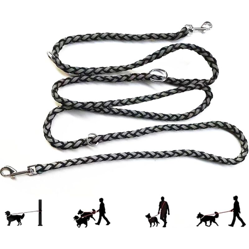 foto del prodotto sollbry guinzaglio per cani in corda, guinzaglio riflettente regolabile in nylon con 2 moschettoni e 3 anelli, guinzaglio multifunzionale nero da