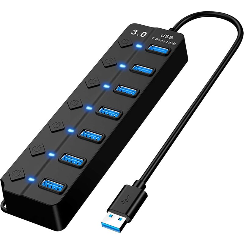 foto del prodotto sollbry hub usb 3.0, hub usb a 7 porte, multipresa usb a 7 porte con interruttore indipendente e led, hub usb 3.0 alimentato a 5 gbps per imac,