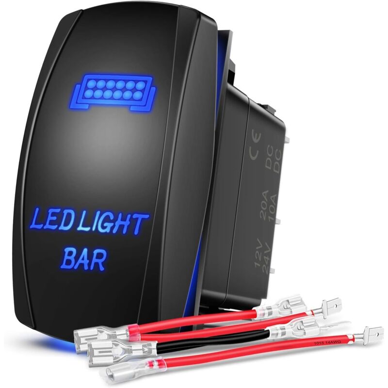 foto del prodotto sollbry interruttore a bilanciere con barra luminosa a led blu, 5 pin, luce led laser on off, 20 a 12 v, 10 a 24 v, set di cavi di collegamento per