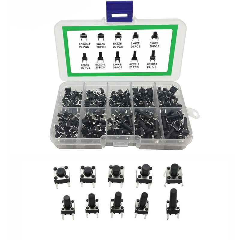 foto del prodotto sollbry interruttore a pulsante tattile, kit assortimento di interruttori tattili, interruttore a pulsante momentaneo a 4 pin, microinterruttore a
