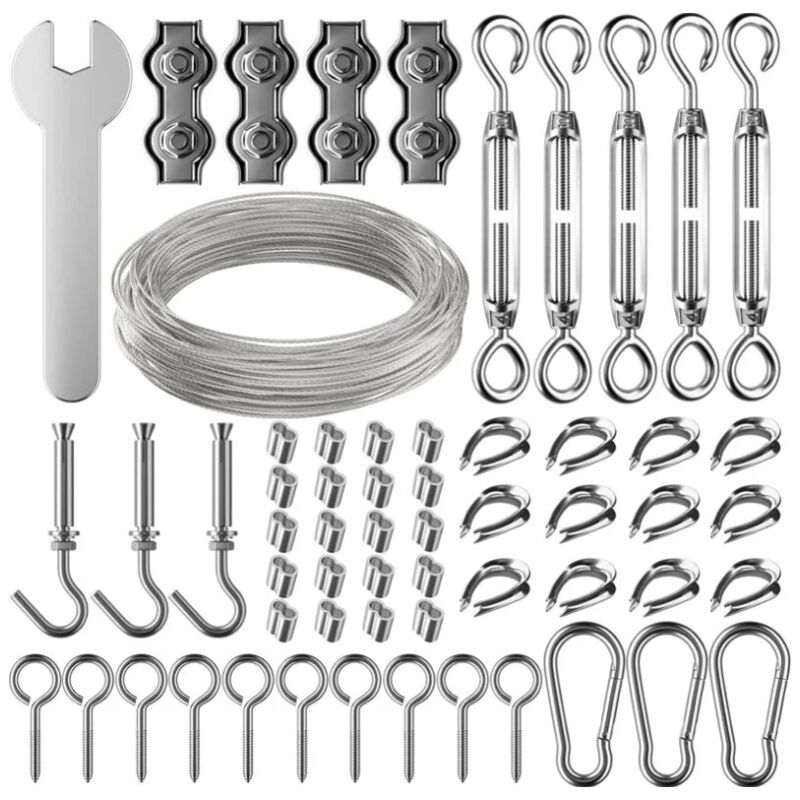 foto del prodotto sollbry kit di corda sospesa in acciaio inossidabile da 30 m, cavo in acciaio inossidabile rivestito da 2 mm con tenditore e ganci, per appendere