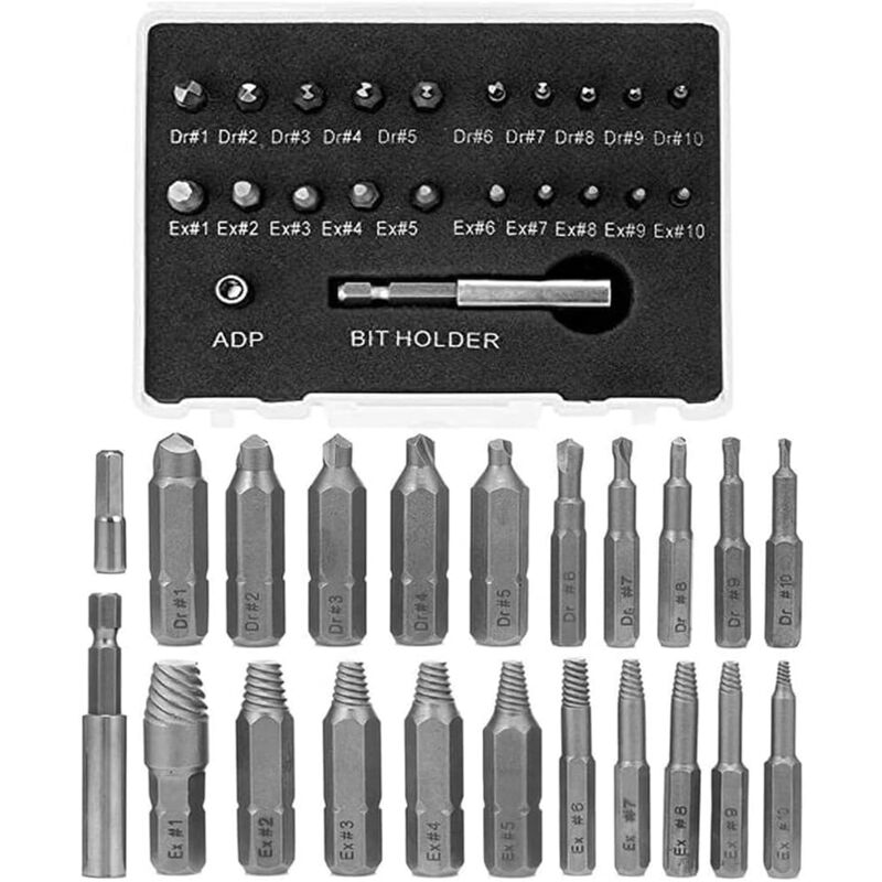 foto del prodotto sollbry kit di estrazione per viti rotte da 22 pezzi, hss, estrattore per viti rotte danneggiate, strumento per viti spanate con adattatore per