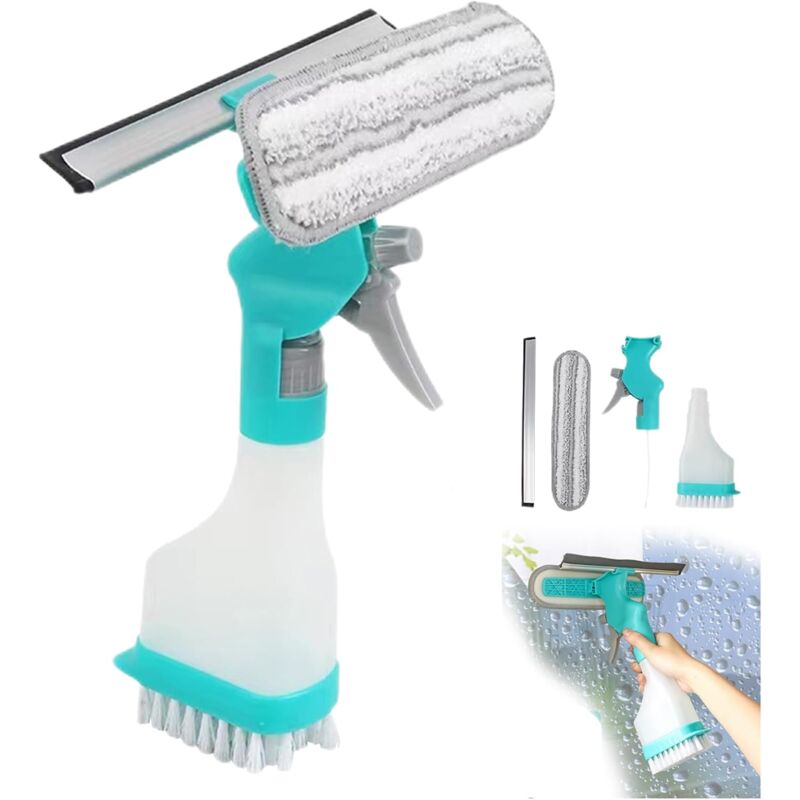 foto del prodotto sollbry kit per la pulizia dei vetri 4 in 1 per auto, cucina, bagno, porte della doccia con flacone spray, tergivetro, raschietto blu 