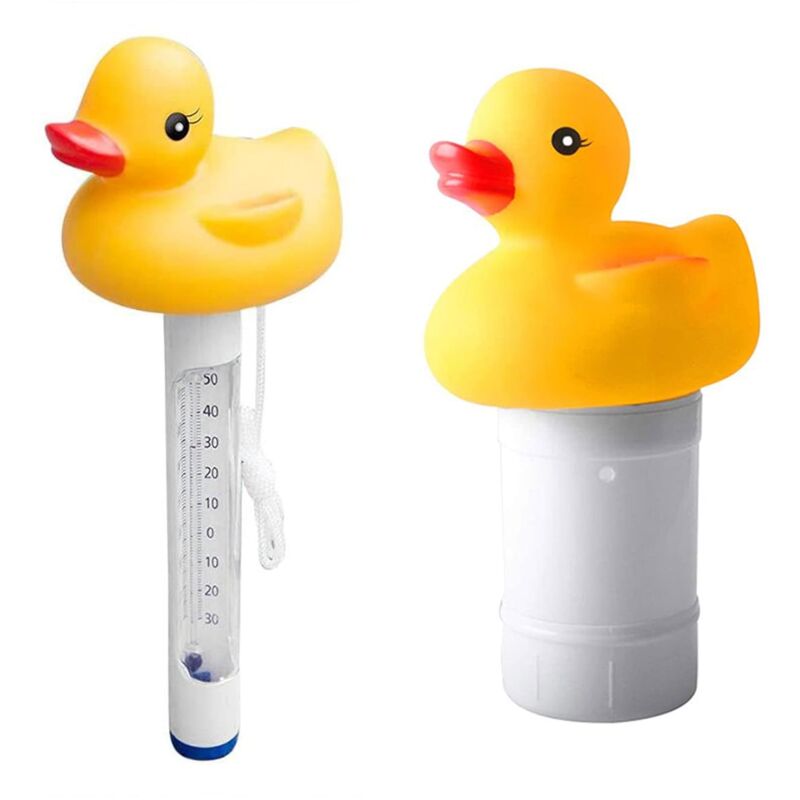 foto del prodotto sollbry kit termometro galleggiante per erogatore di acqua per piscina a forma di anatra dei cartoni animati, pulitore portatile per piscine da