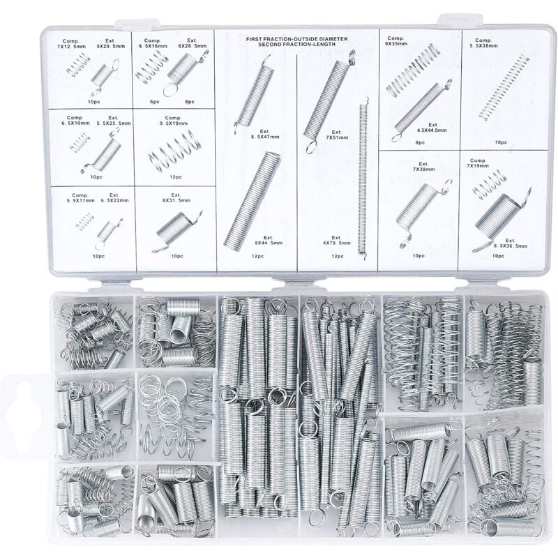 foto del prodotto sollbry molle di compressione e di estensione, assortimento di perni di pressione e di tensione in metallo e acciaio con scatola di immagazzinaggio