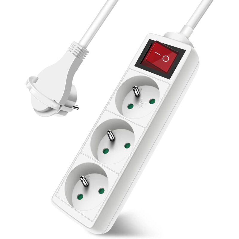 foto del prodotto sollbry multipresa a 3 prese con interruttore a spina piatta, blocco a 3 prese, cavo di prolunga da 3 m 230 v con sicurezza per bambini, bianco, 8 x