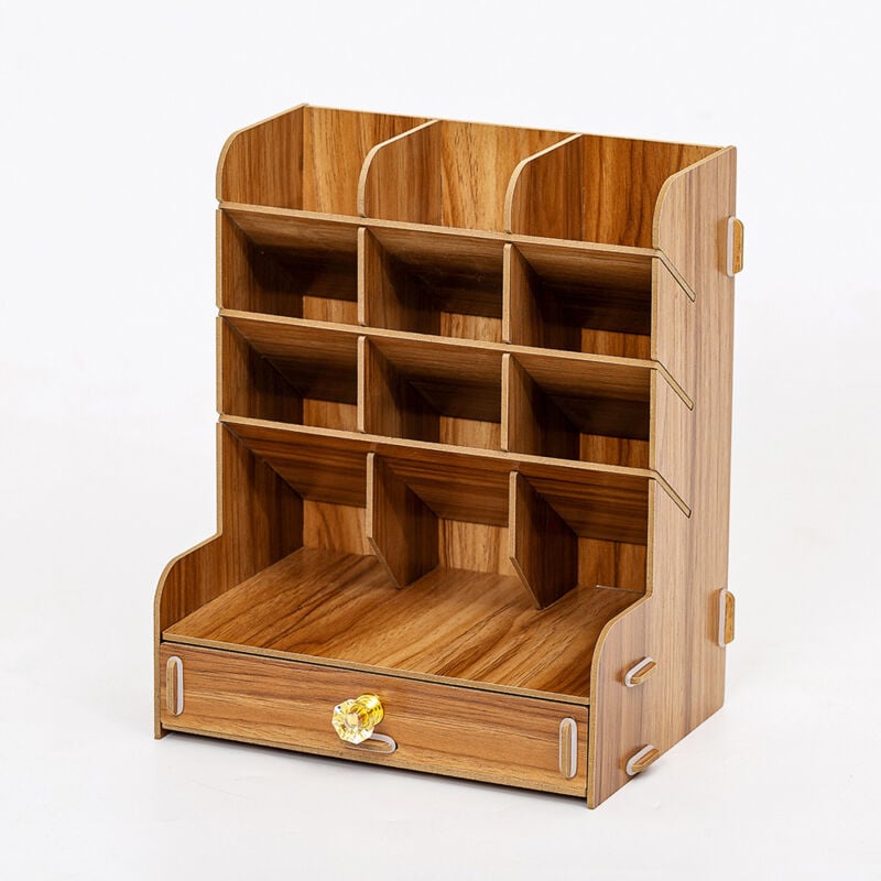 foto del prodotto sollbry organizer da scrivania in legno con scomparti e cassetto, resistente e verniciato lucido, ideale per cancelleria e oggetti personali,