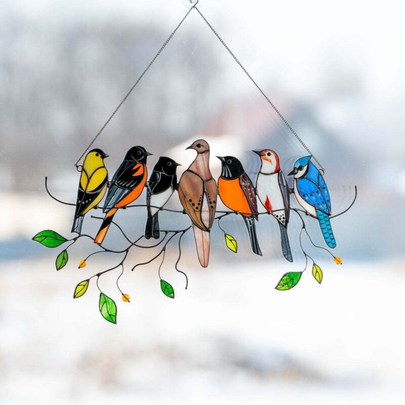 foto del prodotto sollbry pannello decorativo per finestra in vetro colorato a forma di uccello, decorazione per finestra colorata, acchiappasole con catena 7