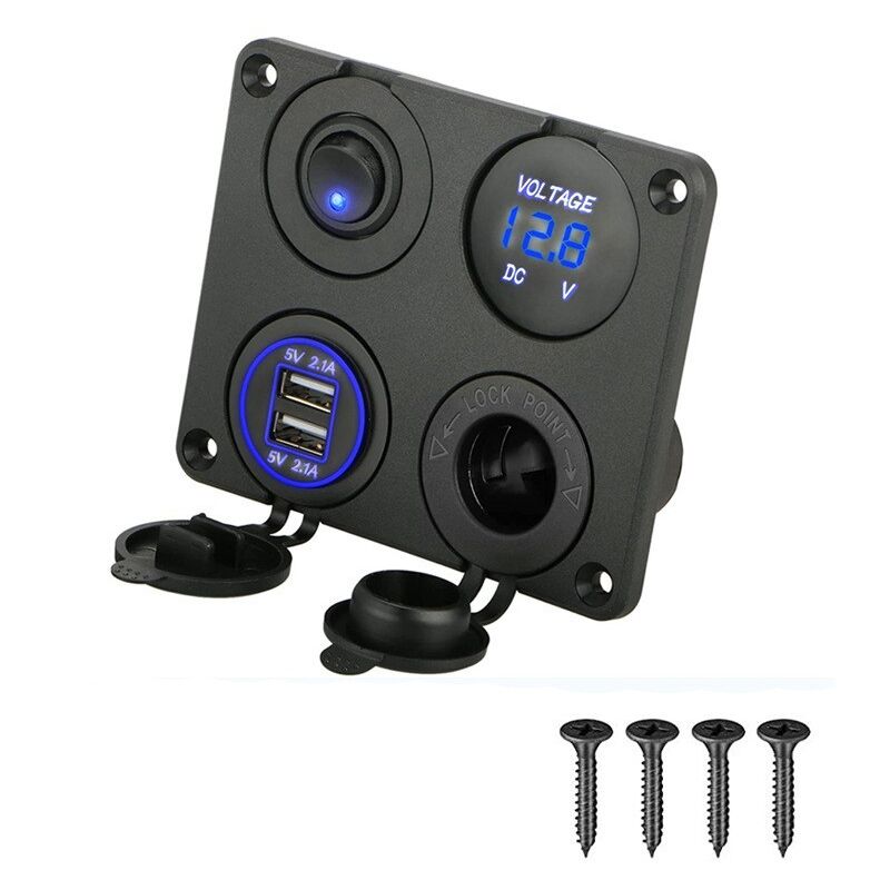 foto del prodotto sollbry pannello prese di ricarica 4 in 1, presa di ricarica usb doppia da 12 v 4,2 a e voltmetro a led blu 10,5 x 8,7 cm 