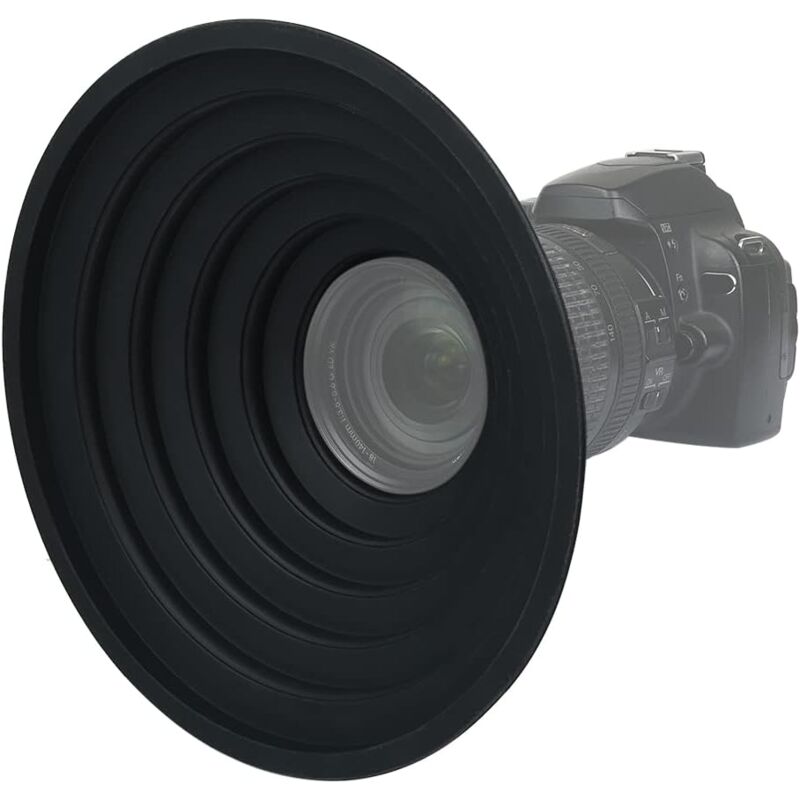 foto del prodotto sollbry paraluce in gomma antiriflesso reversibile e pieghevole dallo stile distintivo, compatibile con obiettivi nikon canon pentax sony 70 90 mm.