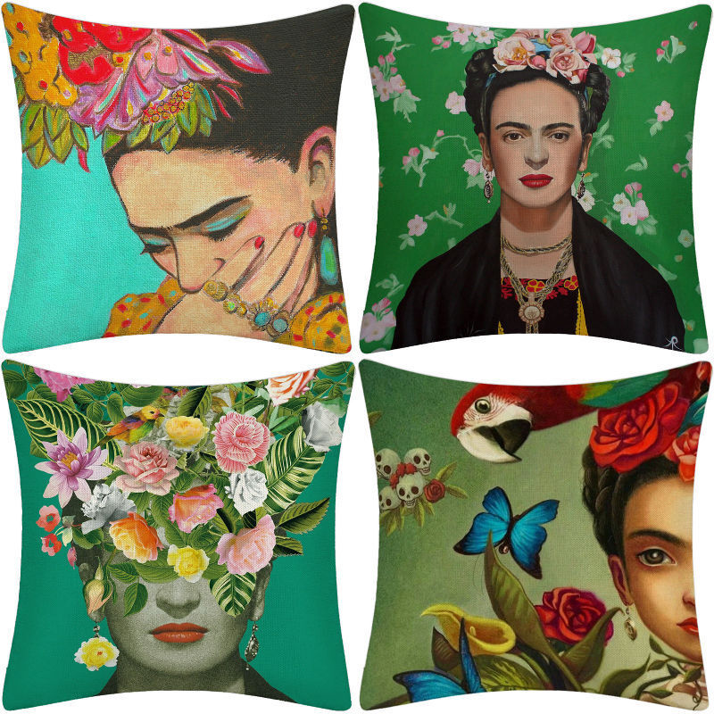 foto del prodotto sollbry pezzi, dipinto a olio frida kahlo, autoritratto, federa in cotone e lino, cuscino per divano, copriletto, 45,7 x 45,7 cm.