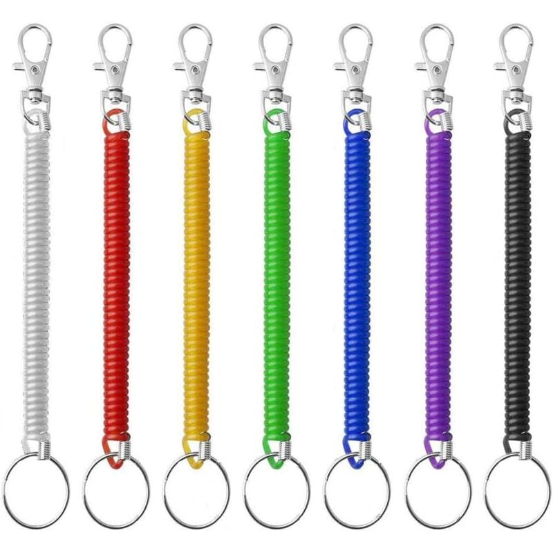 foto del prodotto sollbry portachiavi a spirale, confezione da 7, espandibile, portachiavi in plastica colorata, cordini da pesca retrattili, cinturino a spirale per