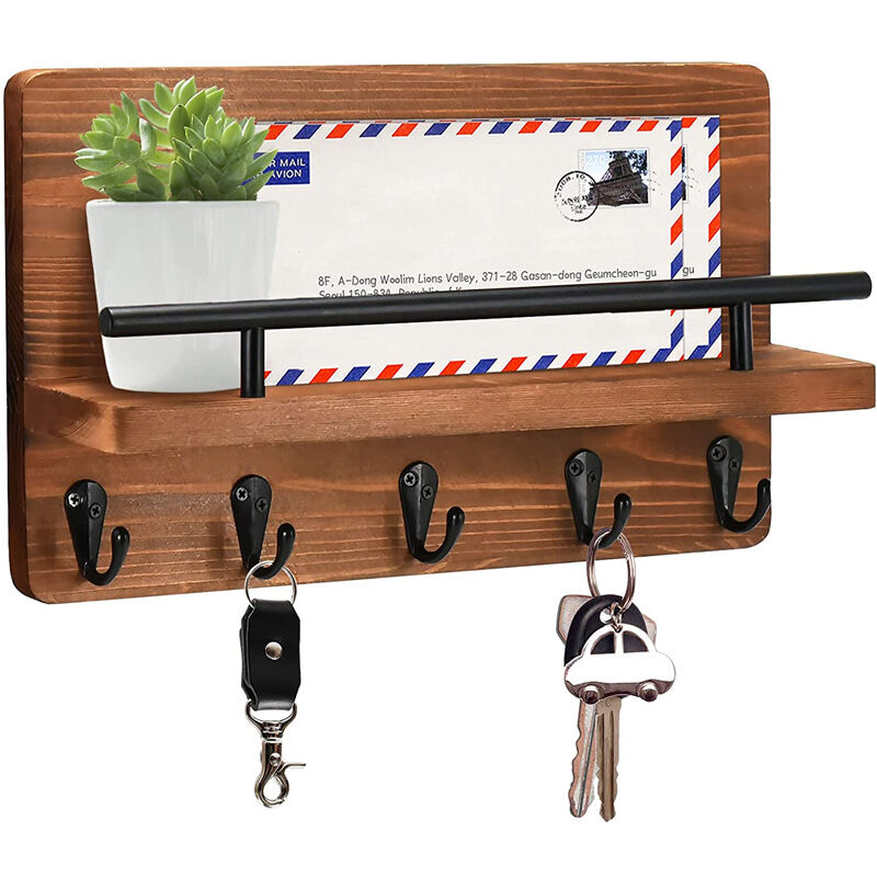foto del prodotto sollbry portachiavi appendini da parete per decorazioni murali con 5 ganci per chiavi, porta posta in legno con ripiano, decorazione rustica per