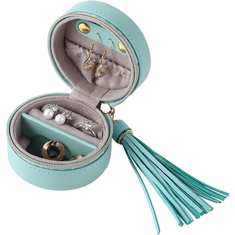 foto del prodotto sollbry portagioie da viaggio, portatile, rotondo, in pelle, mini organizer da viaggio con cerniera, per orecchini, collane e bracciali.
