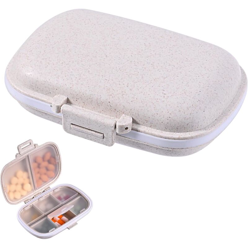 foto del prodotto sollbry portapillole portatile con 8 scomparti per l uso in movimento, piccola scatola beige per portafoglio, contenitore compatto per medicinali e