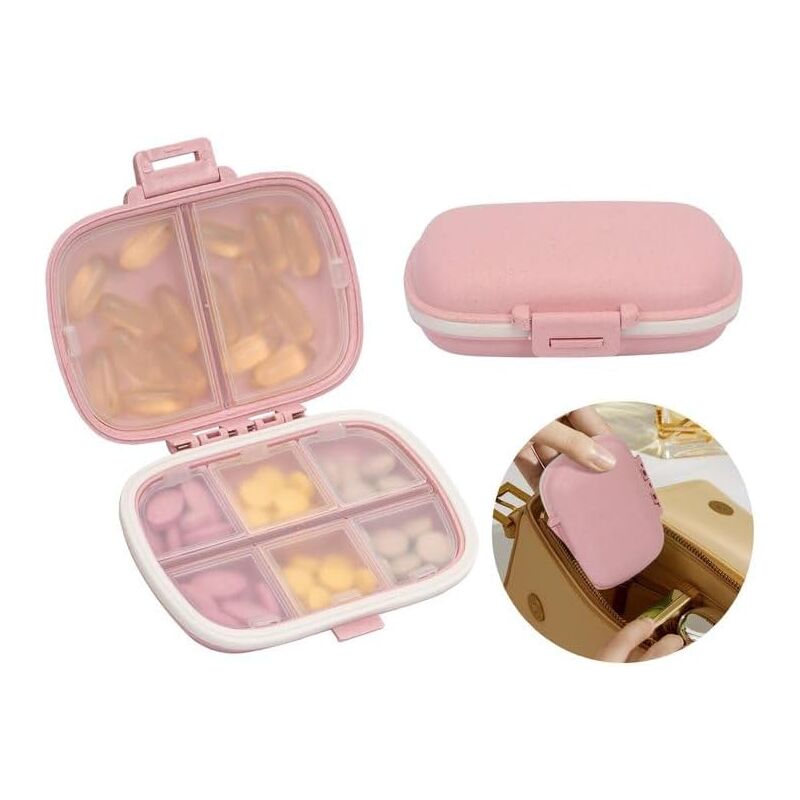 foto del prodotto sollbry portapillole settimanale da 7 giorni con 8 scomparti per compresse vitaminiche e integratori, rosa