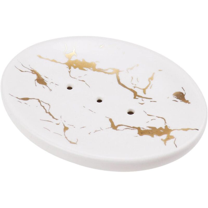 foto del prodotto sollbry portasapone ovale in ceramica bianca, portasapone con scolapiatti, elegante portasapone effetto marmo per doccia, cucina, bagno, lavandino