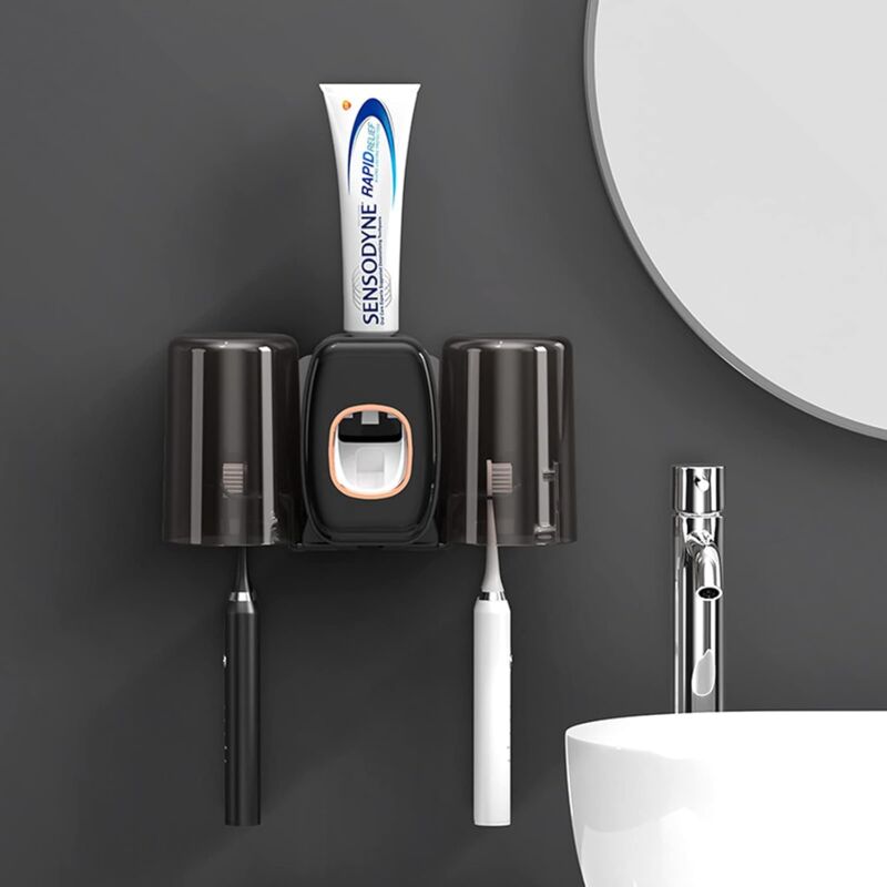 foto del prodotto sollbry portaspazzolino da denti a parete, dispenser automatico di dentifricio, portaspazzolino elettrico a parete, scaffale multifunzione nero 