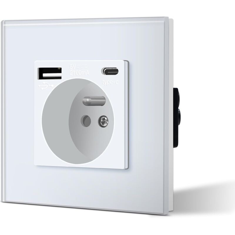 immagine 0 del prodotto sollbry presa a muro con usb e tipo c, presa di corrente in vetro con usb 2.1a, corrente 16 amp 240v, 86 mm, adatta per smartphone e tablet bianco 