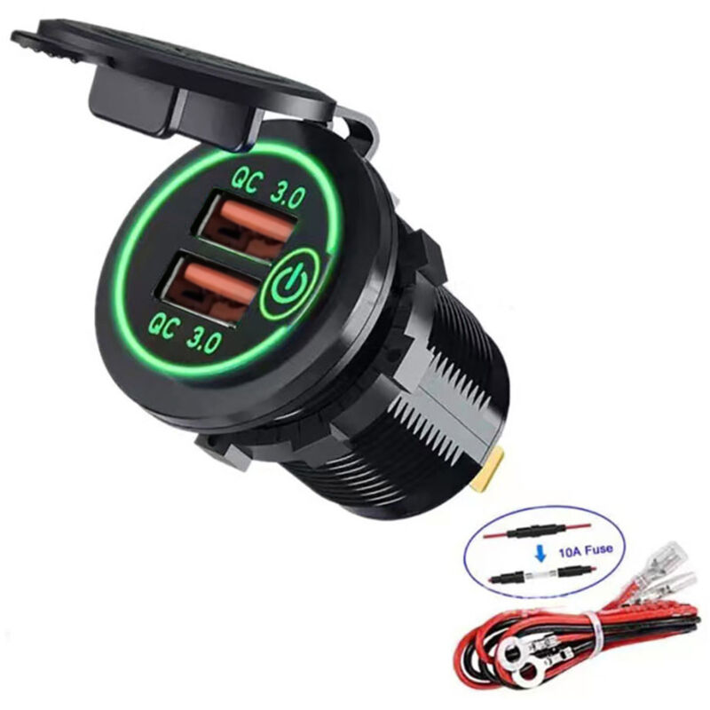 foto del prodotto sollbry presa di ricarica usb doppia qc 3.0, presa usb impermeabile 12v 24v con interruttore touch per auto, nautica, barca, camper, verde