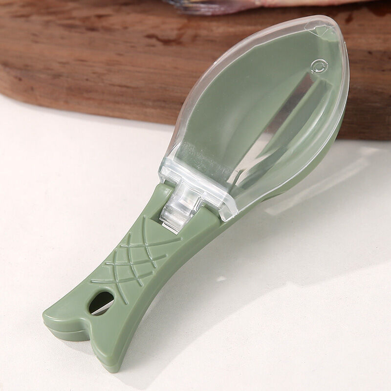 foto del prodotto sollbry pulitore per squame di pesce, attrezzi da pesca, raschietto per squame di pesce con coperchio, rimuovi squame manuale, spazzola per