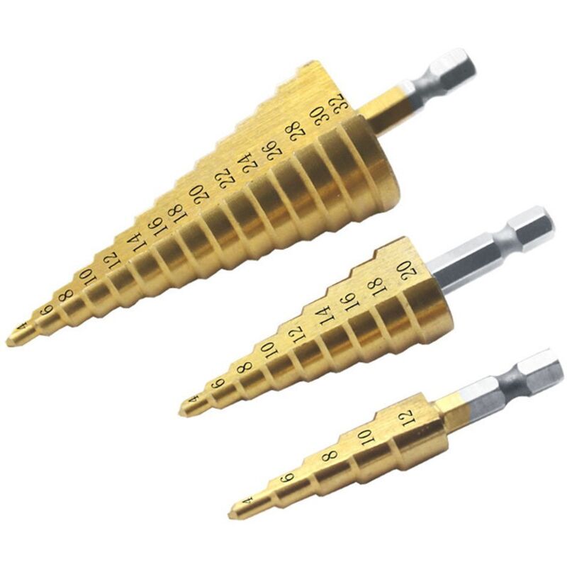 foto del prodotto sollbry punte per trapano a gradini, punte per trapano coniche triangolari in titanio, 4 12 20 32 mm, per foratura con cacciavite su acciaio, ottone,