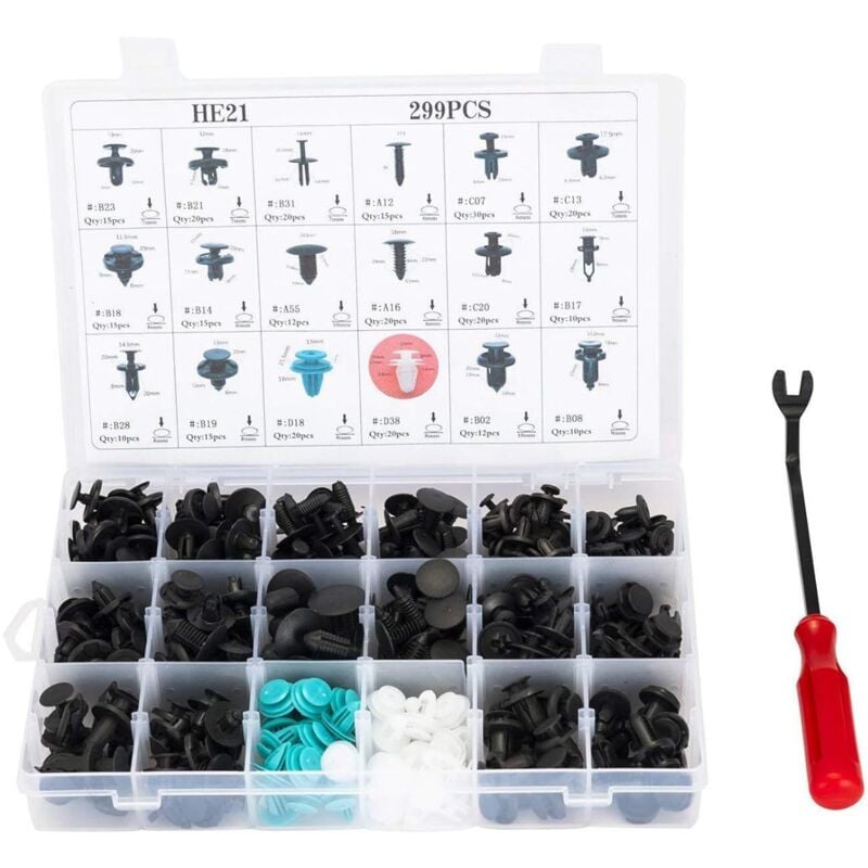 foto del prodotto sollbry ricambi auto, set di 299 clip di fissaggio in plastica di nylon per auto, 18 misure, con rivetto a pressione e strumento di caricamento,