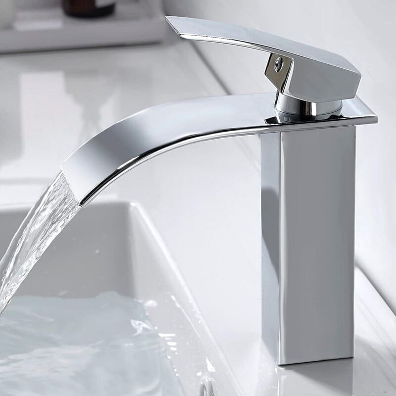 foto del prodotto sollbry rubinetto moderno a cascata per bagno, rubinetto per lavabo a cascata dal design elegante, miscelatore per bagno in ottone, acqua calda e