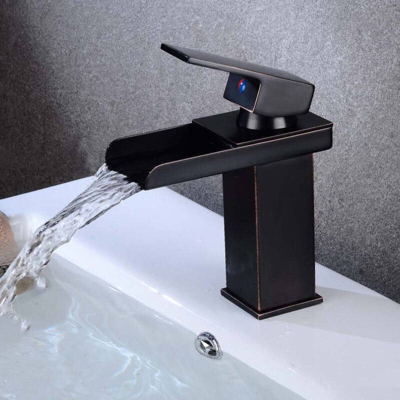 foto del prodotto sollbry rubinetto moderno per bagno a cascata nero, miscelatore per lavabo a cascata, rubinetto per lavabo con beccuccio alto, miscelatore per