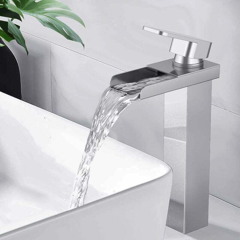 foto del prodotto sollbry rubinetto per bagno, miscelatore per lavabo a cascata, in ottone cromato, quadrato, per piano d appoggio, per lavabo singolo, leva di