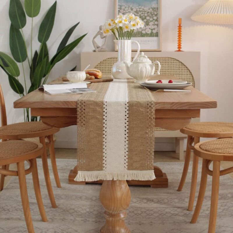 foto del prodotto sollbry runner da tavolo, runner da tavolo in cotone tessuto a mano, runner da tavolo all uncinetto in stile boho, decorazione da tavolo per