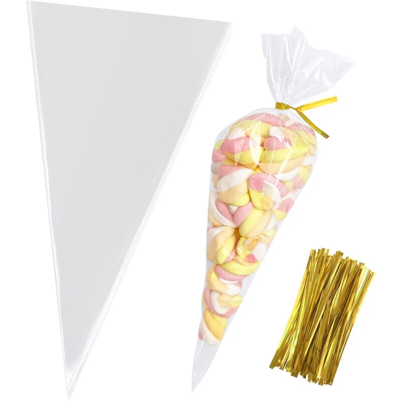 foto del prodotto sollbry sacchetti per dolcetti a forma di cono, 1630100 sacchetti trasparenti in cellophane a forma di cono, sacchetti di plastica conici triangolari