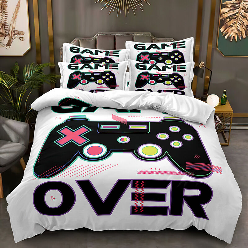 foto del prodotto sollbry set copripiumino e federe per letto singolo matrimoniale, con controller di gioco 3d e videogioco, uomo e ragazzo, colore nero
