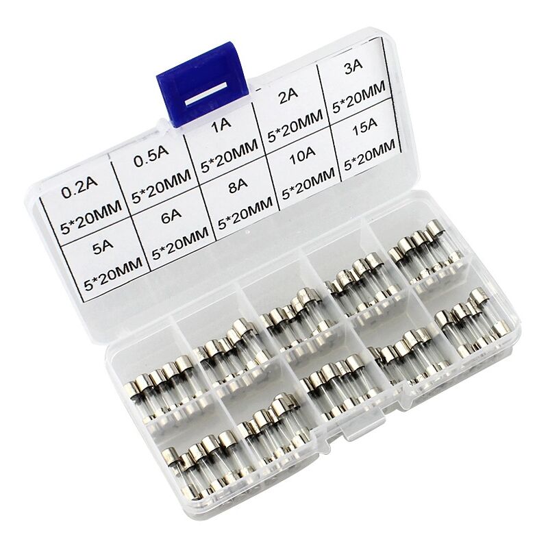 foto del prodotto sollbry set di 100 fusibili in vetro a rottura rapida, 20 x 5 mm, kit di fusibili a rottura rapida con scatola portafusibili in plastica trasparente
