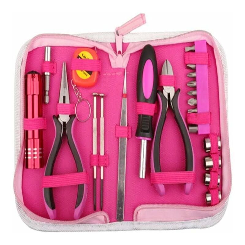 foto del prodotto sollbry set di 23 attrezzi rosa per donne con custodia in nylon rosa per riparazioni fai da te in casa e in ufficio