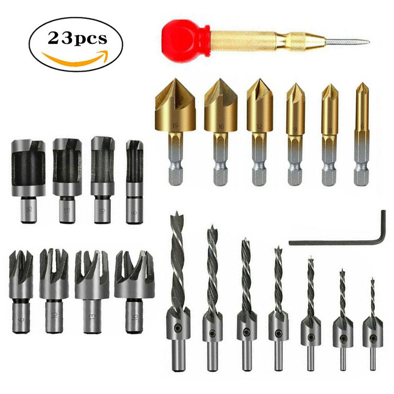 foto del prodotto sollbry set di 23 punte per smussatura del legno, set di punte per svasatura del legno, include 8 utensili per il taglio di spine in legno, 7 punte