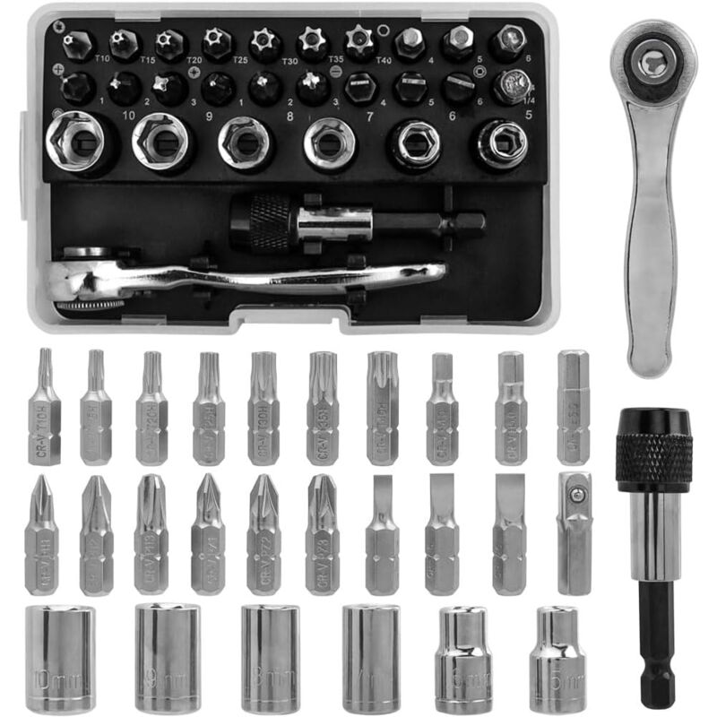 foto del prodotto sollbry set di 28 mini chiavi a cricchetto, bussole, punte per cacciavite e portapunte, chiave a cricchetto reversibile da 1 4 a 72 denti con