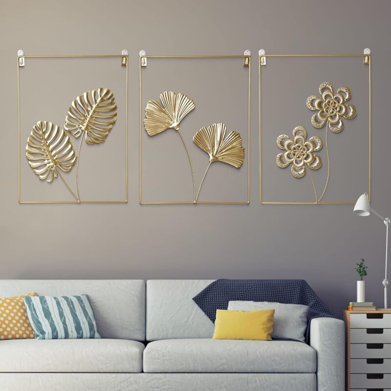 foto del prodotto sollbry set di 3 pezzi di arte da parete dorata, sculture in metallo moderne e minimaliste di foglie di ginkgo, per soggiorno, camera da letto,
